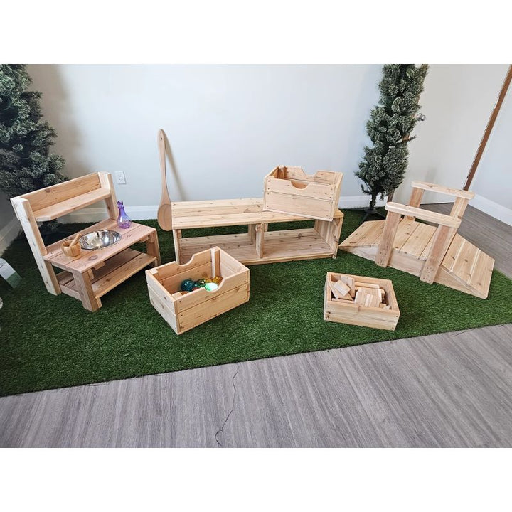 ONP Infant Ramp portrait view showing the Western Red Cedar outdoor climbing ramp with built-in handrails at 24-inch height, a cedar outdoor ramp for infants and toddlers to crawl and climb in early years settings across Canada and the US