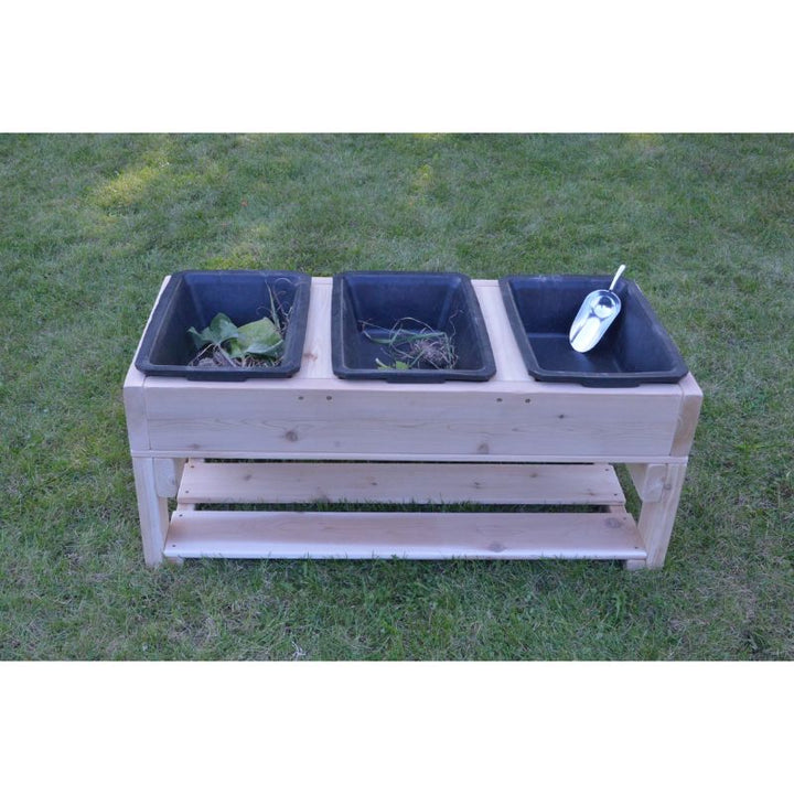 ONP infant outdoor cedar sensory table shown from the front, displaying the three-bin layout and 14" infant height designed for early years outdoor play