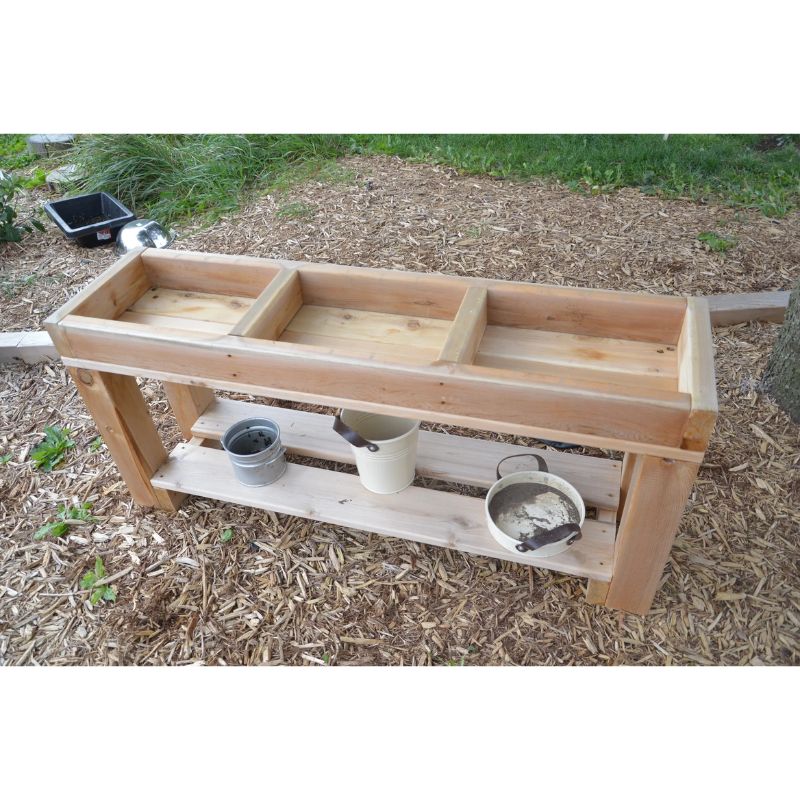 Side view of the ONP infant outdoor cedar sensory table showing the 14" height and North American Cedar construction suitable for year-round outdoor messy play