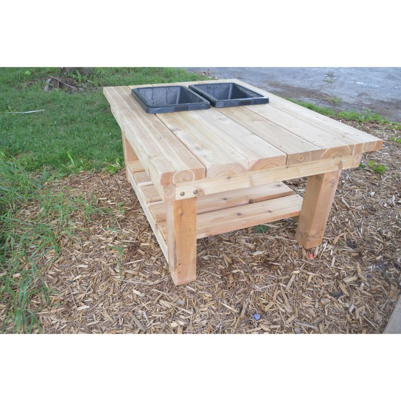 Side view of the ONP Large Explorer Table showing the cedar construction and 42"L × 34"W group work surface with galvanized sinks, an outdoor sensory table built for early years preschool and childcare outdoor classrooms