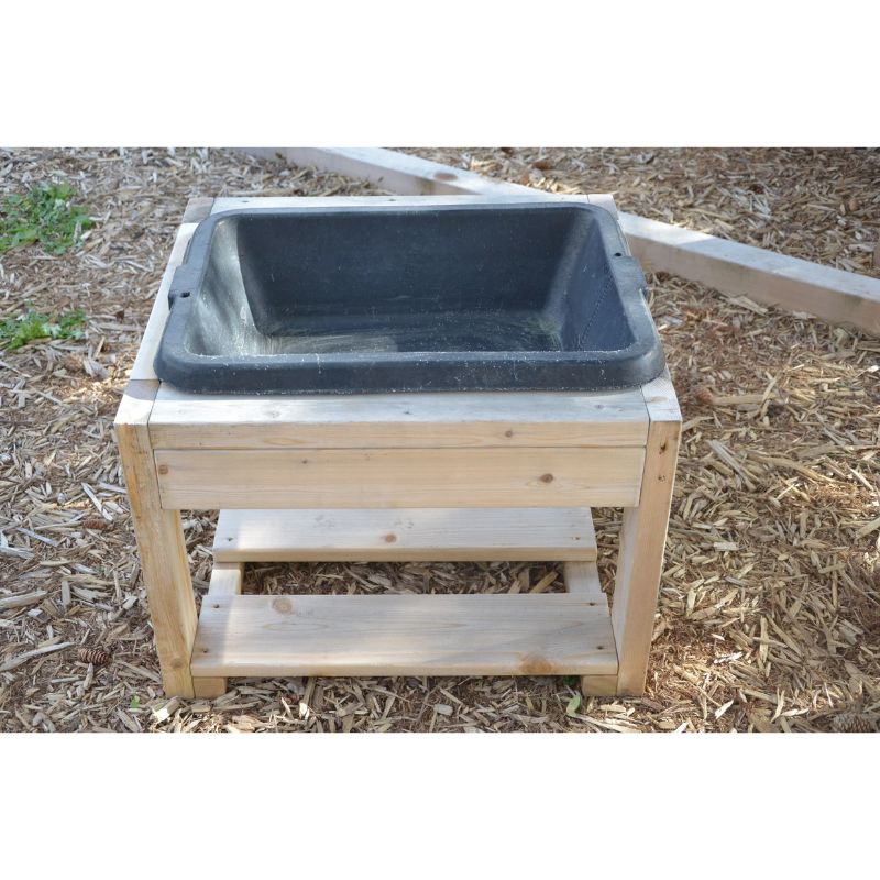 ONP Mini Explorer Table front view showing the Western Red Cedar frame and toddler-height design for outdoor sensory play with sand, water, and messy materials