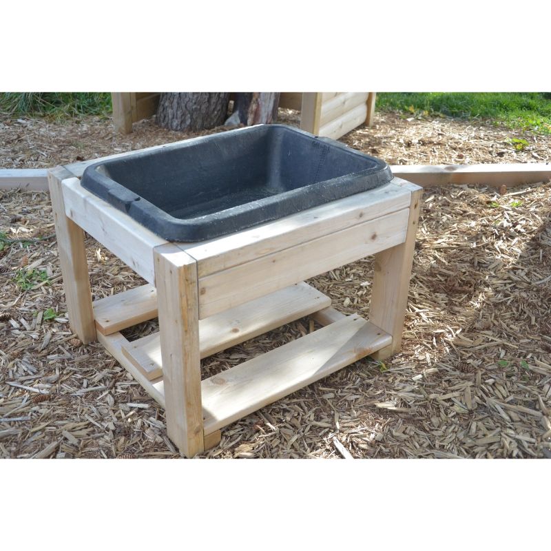 Side view of the ONP Mini Explorer Table toddler cedar sensory table with removable rubber tub, built for all-season outdoor messy play in early years settings