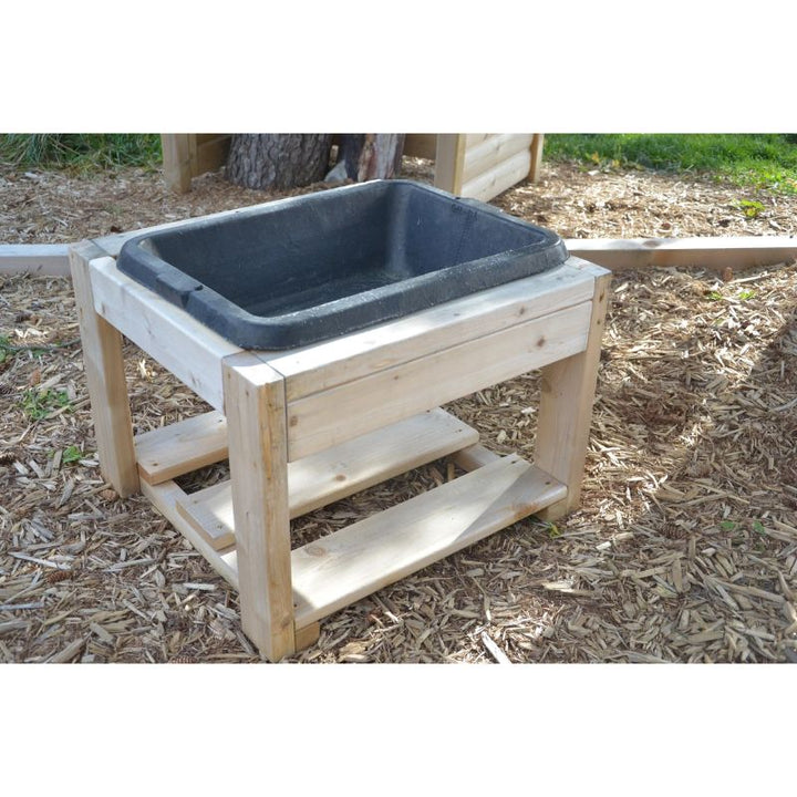 Side view of the ONP Mini Explorer Table toddler cedar sensory table with removable rubber tub, built for all-season outdoor messy play in early years settings