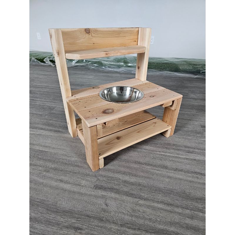 ONP Mini Mud Kitchen bare front view showing the clean cedar frame, aluminium bowl insert, and integrated lower shelf of this compact toddler outdoor mud kitchen for small gardens, patios, and early years settings