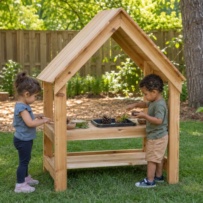 Two children playing at the ONP Mudhouse Kitchen outdoors, sorting pinecones and leaves in a mixing tray beneath the peaked wooden roof