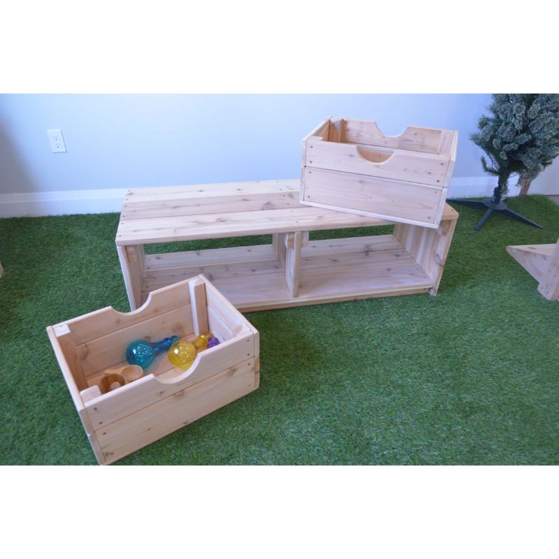 ONP Outdoor Bench with Storage showing the full 48-inch Western Red Cedar construction with built-in storage underneath the seat, a child-height outdoor bench for early years classrooms and childcare outdoor spaces