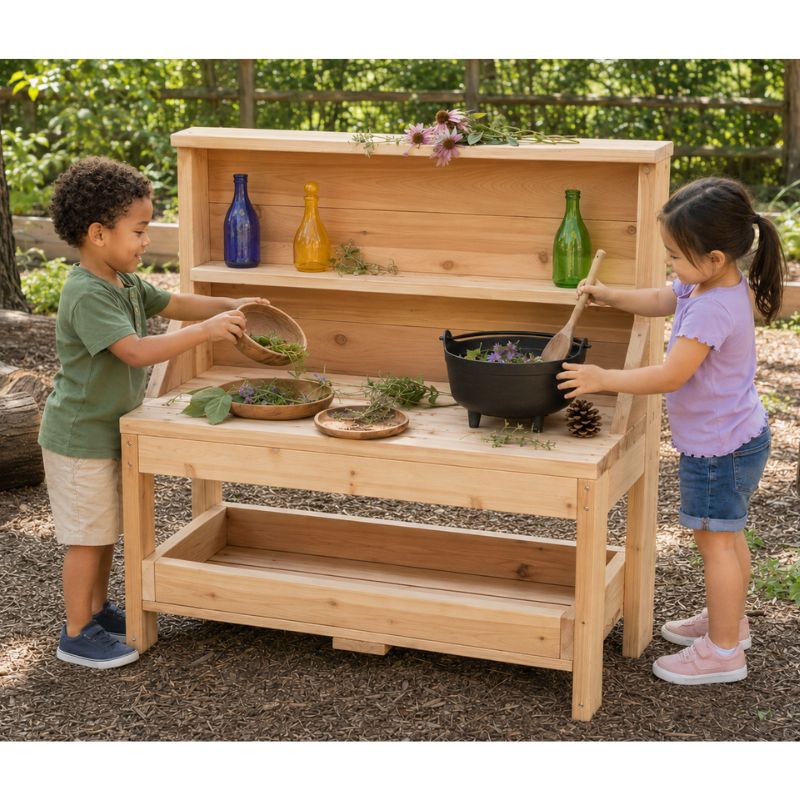 Two children mixing herbs and flowers in the cauldron on the ONP Outdoor Creative Concoction Table outdoors, with a shelf and coloured glass bottles above