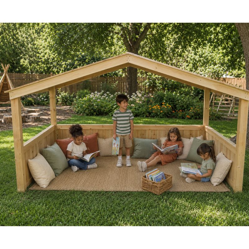 Four children reading books inside the ONP Outdoor Group Play Cabana, seated on a woven mat with cushions and a book basket