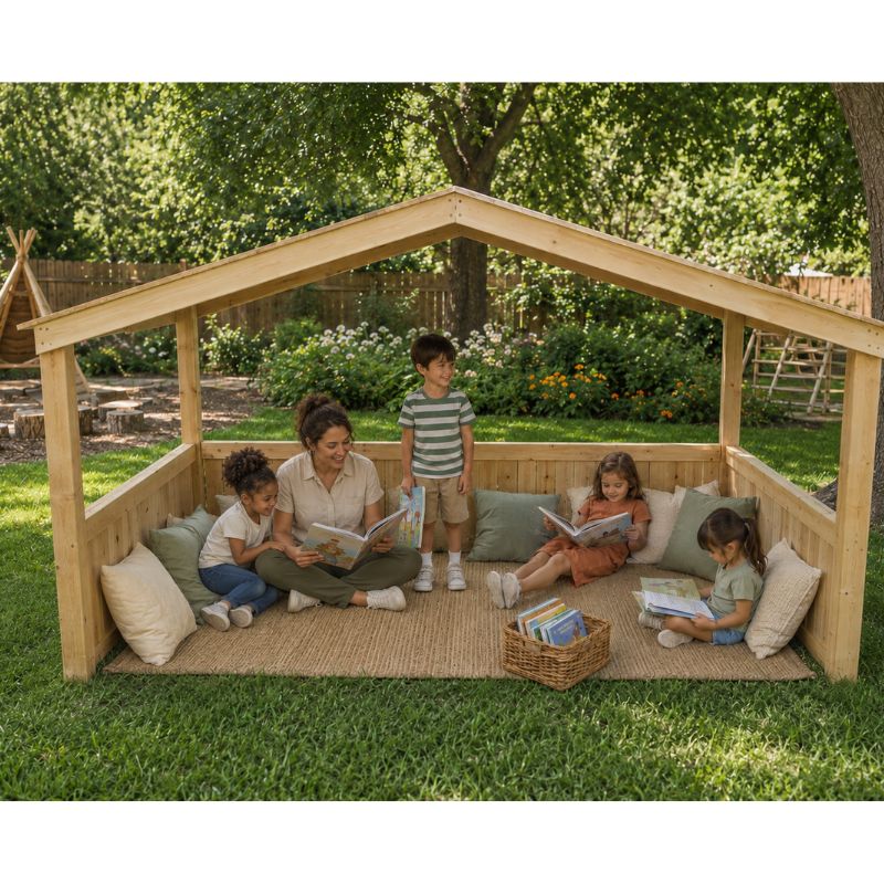 A woman reading with four children inside the ONP Outdoor Group Play Cabana, gathered on a woven mat surrounded by cushions