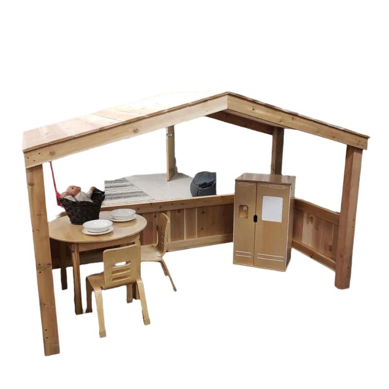 Clean front view of the ONP Outdoor Group Play Cabana showing the completely open front design that ensures easy child access and educator sight lines, a cedar outdoor calm corner and group shade structure for early years play spaces