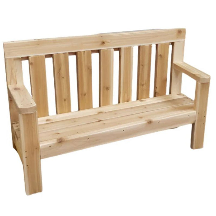 Clean view of the ONP Preschool Buddy Bench showing the smooth sanded cedar surface and taller armrests, a natural wood inclusion bench scaled for preschool and early years outdoor settings