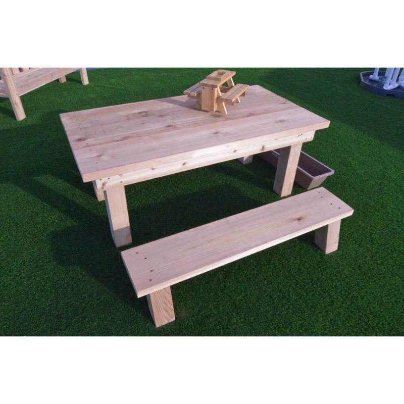 ONP Pre-School Project Table and Benches top-down view showing the 60-inch cedar tabletop and two matching benches for preschool and kindergarten group activities