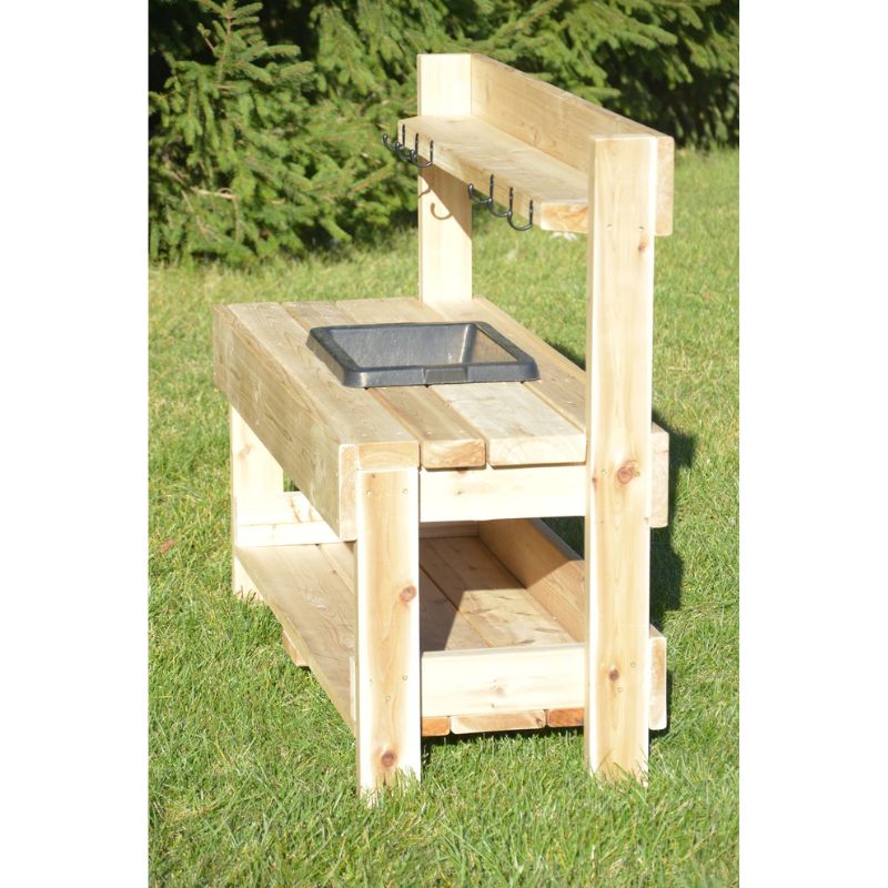 ONP Pre-School Mud Kitchen side view showing the solid North American Red Cedar frame and open countertop design for outdoor sensory and messy play
