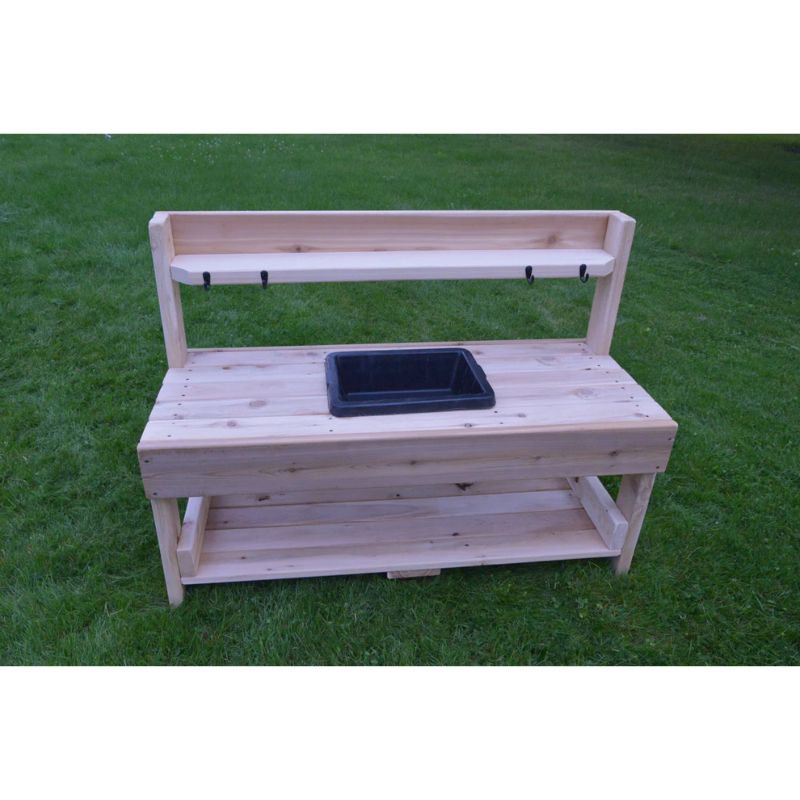 ONP Pre-School Mud Kitchen top-down view showing the integrated rubber sink and full-length cedar countertop workspace for preschool outdoor sensory play