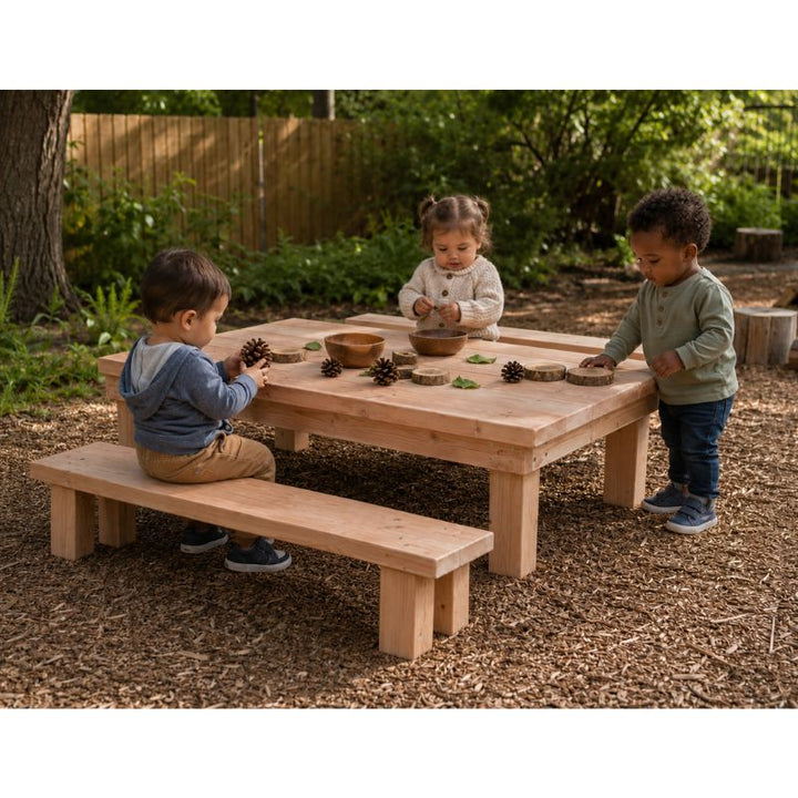 Three toddlers gathered around the ONP Pre-School Project Table and Benches outdoors, sorting pinecones, wood slices and leaves into bowls