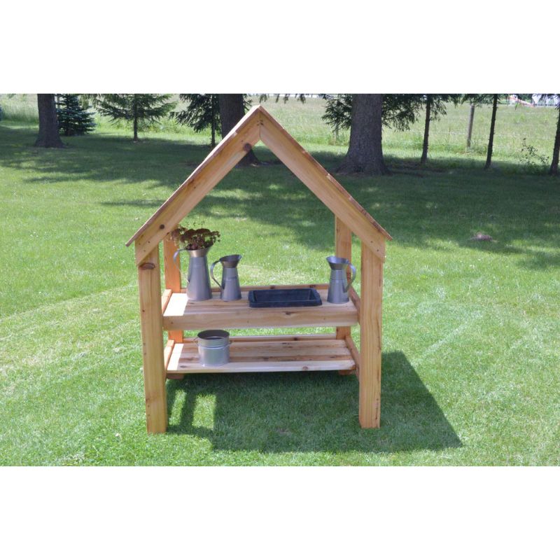 ONP Toddler Mud Kitchen in solid Western Red Cedar showing the three-sided pitched roof enclosure, designed for outdoor sensory play and early years settings