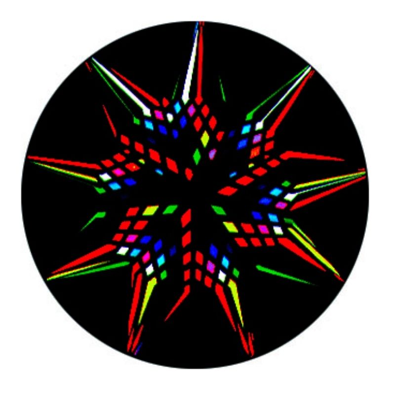 OPTIKinetics 50mm Cassette Effect Wheel No. 17 showing the glass cassette colour design for animated moire projection on Solar LED projectors