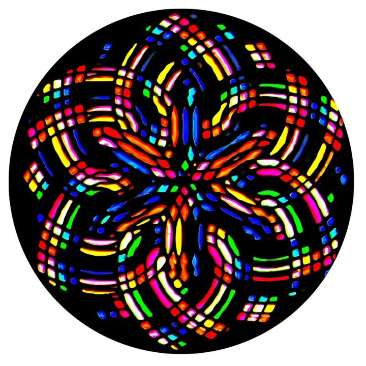 OPTIKinetics 50mm Cassette Effect Wheel No. 8 showing the screen-printed colour pattern for animated moire projection in multi-sensory environments