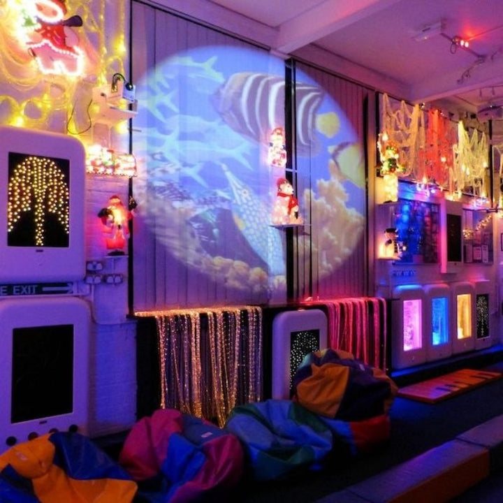 OPTIKinetics Solar 100 LED projector showing a fish picture effect wheel projection, ideal for calming visual stimulation in sensory rooms and therapy spaces