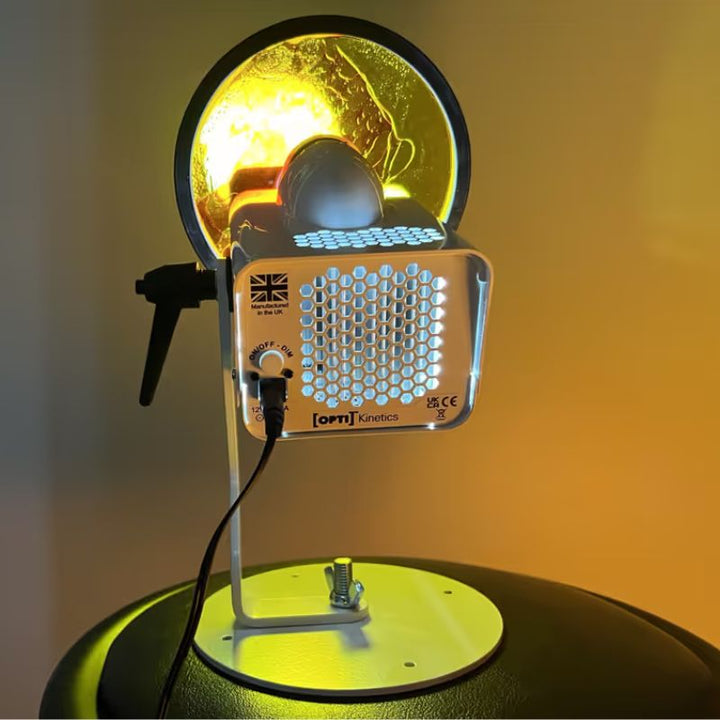 OPTIKinetics Solar 80 sensory projector displaying a glowing effect wheel from the side, a compact wifi light ideal for calming sensory spaces