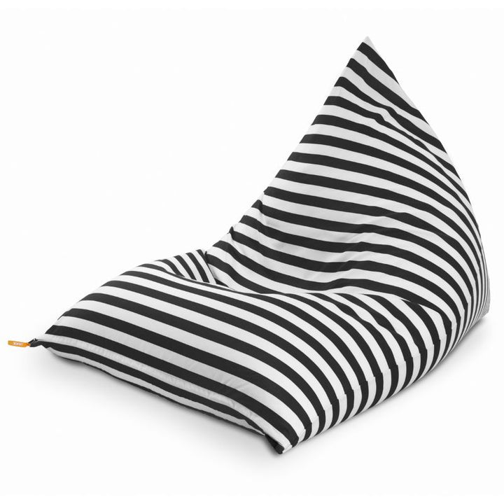 Jaxx Twist outdoor bean bag chair in Black & White Stripes, a low-profile patio bean bag lounger on a white background