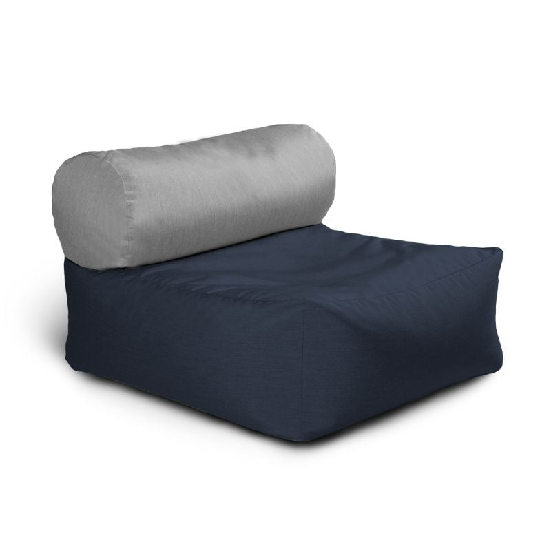 Jaxx Tybee outdoor bean bag chair in Navy Sunbrella with a bolster backrest for outdoor lounging