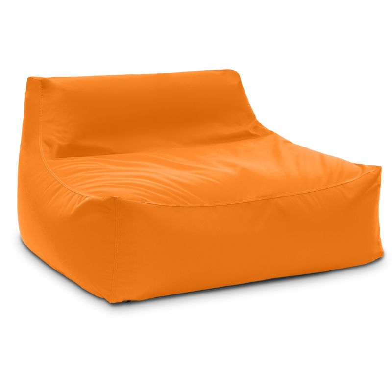 The Jaxx Outdoor Bean Bag Loveseat in Tangerine fabric, a vibrant outdoor bean bag sofa
