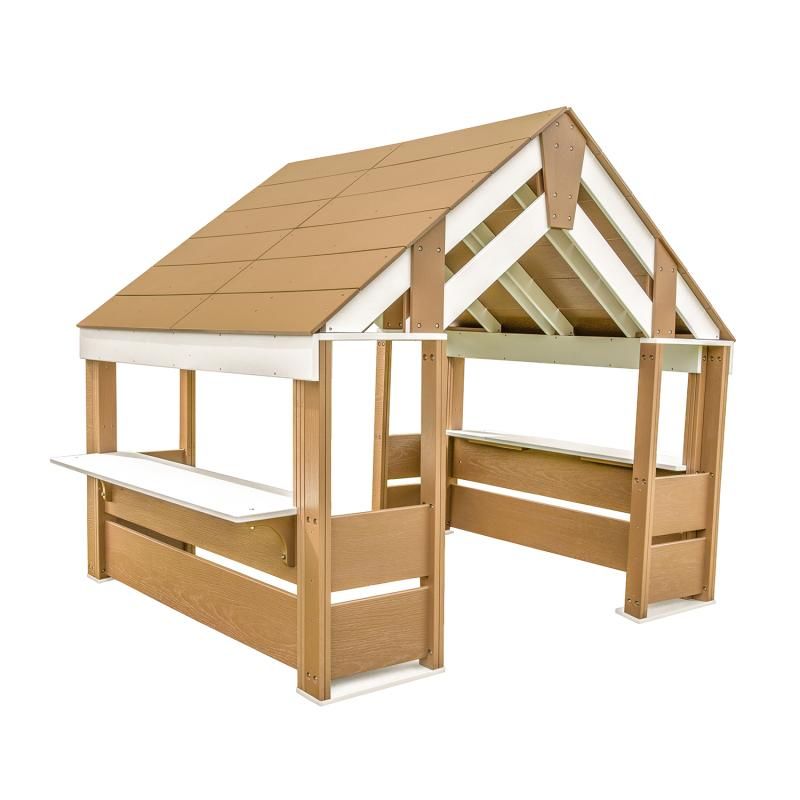 Whitney Brothers outdoorED Learning Pavilion in textured woodgrain and white HDPE, showing the vented roof and dual overhanging activity tables of this freestanding outdoor learning shelter