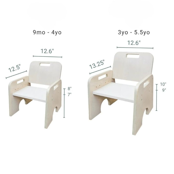 Sapiens Child Papaya Double Montessori Chair Set dimension display showing the small chair adjusting 7 to 8 inches and large chair adjusting 9 to 10 inches seat height for siblings of different sizes