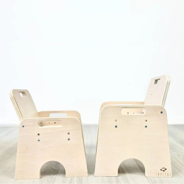 Sapiens Child Papaya Double Montessori Table and Chair Set side view showing the small and large adjustable chair sizes, seat height positions, and eco-friendly maple plywood construction