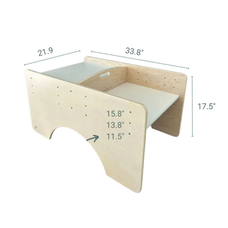Sapiens Child Papaya Double Montessori Table and Chair Set dimension display showing the table height adjustments of 12 and 13 inches and overall dimensions of the Canadian-made two-child set