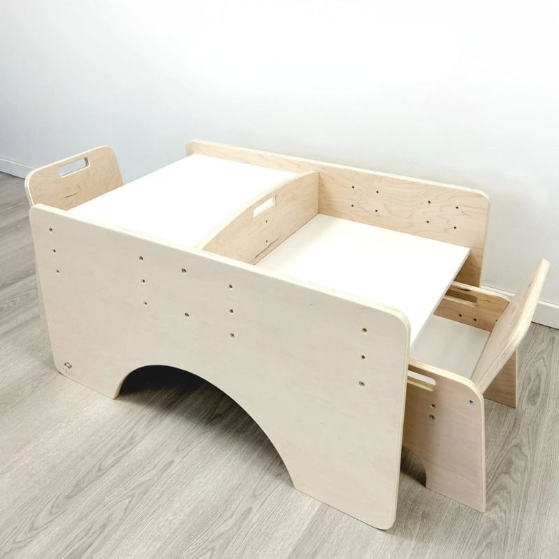 Sapiens Child Papaya Double Montessori Table and Chair Set second landscape view showing the full set profile and compact child-sized design made in Vancouver for sibling use