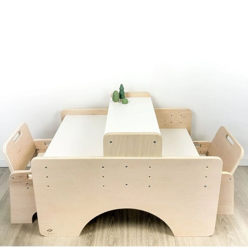 Sapiens Child Papaya Double Adjustable Montessori Table and Chair Set landscape view showing the complete table and two chairs in maple plywood for two children aged 9 months to 5.5 years