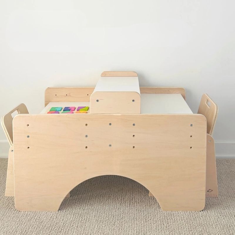 Sapiens Child Papaya Double Montessori Table and Chair Set second landscape view with Montessori toys and materials on the table, showing the practical multi-use surface for two children