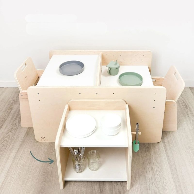 Sapiens Child Papaya Double Montessori Table and Chair Set in landscape view with Montessori toys on the table, showing the child-height workspace for learning materials, sensory activities, and play