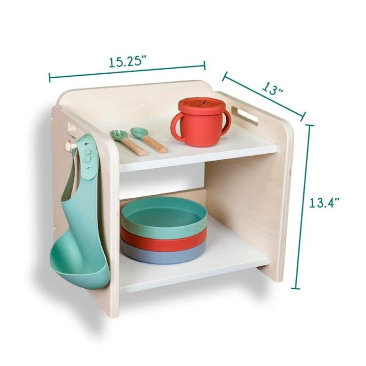 Sapiens Child Papaya Montessori Mini Shelf detailed dimension display showing the 13.4 inch height, 15.25 inch width, and 13 inch depth specifications of the Canadian-made child-height organiser