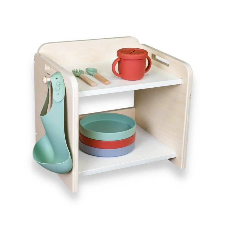 Sapiens Child Papaya Montessori Organisation Mini Shelf clean landscape view showing the compact 13.4 inch high child-height design with top borders and eco-friendly wood finish made in Vancouver Canada