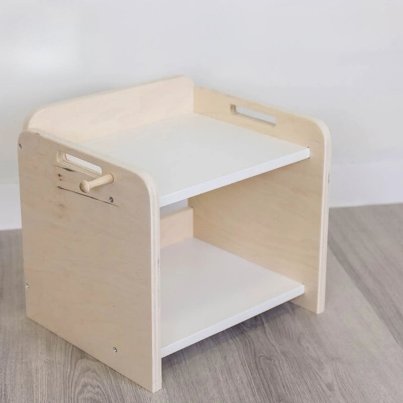 Sapiens Child Papaya Montessori Organisation Mini Shelf second landscape view showing the full compact 15.25 inch wide shelf profile with top borders and non-toxic eco-friendly Canadian-made construction