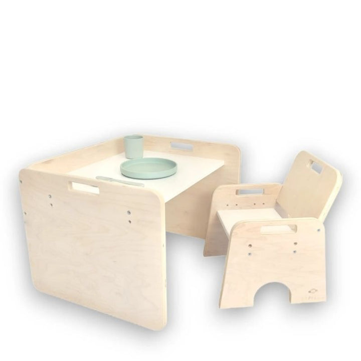 Sapiens Child Papaya Set Montessori weaning table and chair clean landscape view showing the full set profile with table borders and adjustable chair in eco-friendly maple plywood made in Vancouver Canada