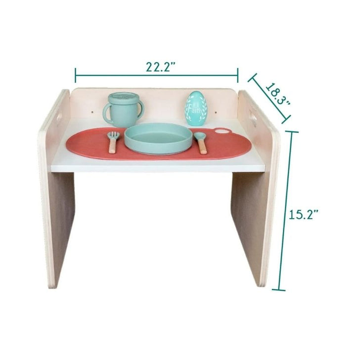 Sapiens Child Papaya Set Montessori table and chair dimension display showing the table adjustable heights of 12 and 13 inches and the 22.2 inch wide work surface of the Vancouver-made weaning table set