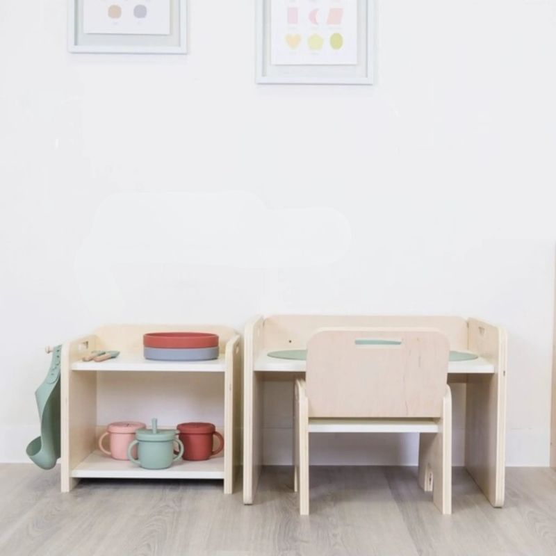 Sapiens Child Papaya Set Montessori weaning table and chair landscape view indoors showing the compact eco-friendly maple plywood design made in Vancouver for toddlers aged 9 months to 4 years