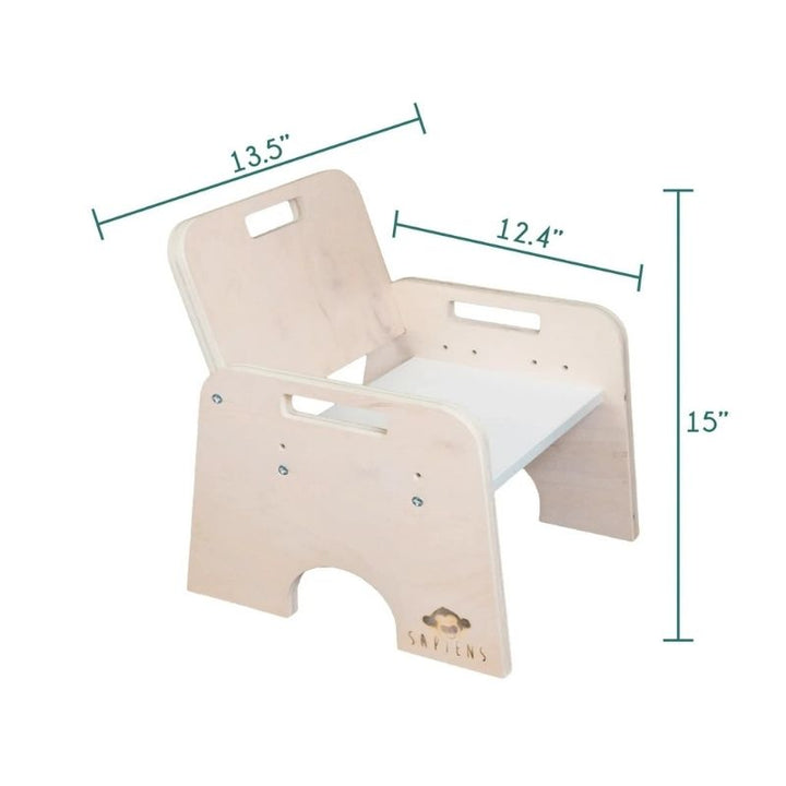 Sapiens Child Papaya Set Montessori table and chair in an indoor home setting showing how the compact child-sized weaning table fits naturally into a modern home nursery or playroom environment
