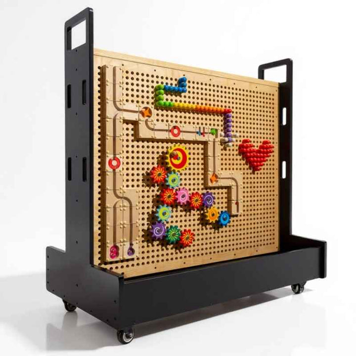 Angled view of the KidWorx Portable Playland Cart showing a gear and track game panel on this portable STEM cart