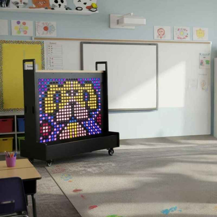 KidWorx Portable Playland Cart with the LiteZilla illuminated side lit up in a classroom, a portable STEM cart for schools and libraries across North America