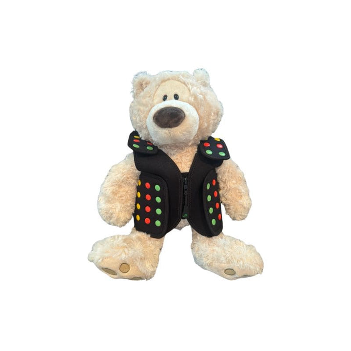 Power WearHouse ProPower Compression Vest displayed with the included Comfort Bear, showing the 10-vest bundle inclusion for occupational therapy settings