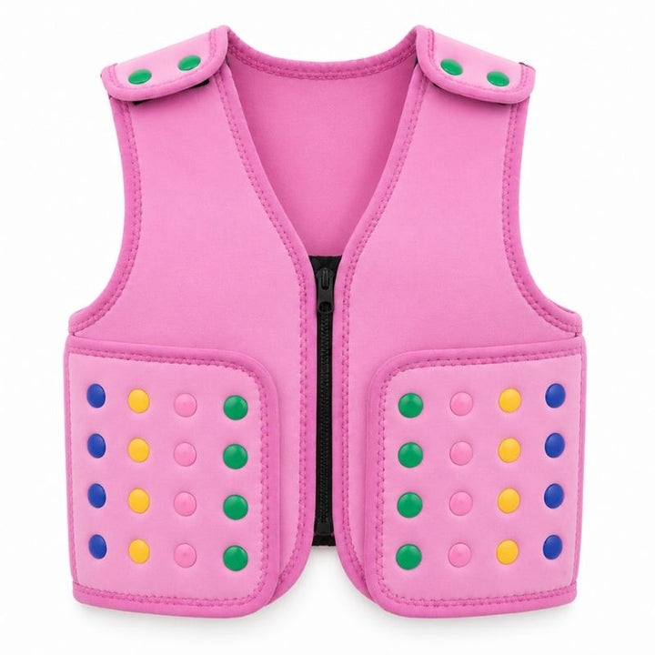 Pink Power WearHouse ProPower Compression Vest for kids with front zip closure and colourful textured buttons on both front pockets