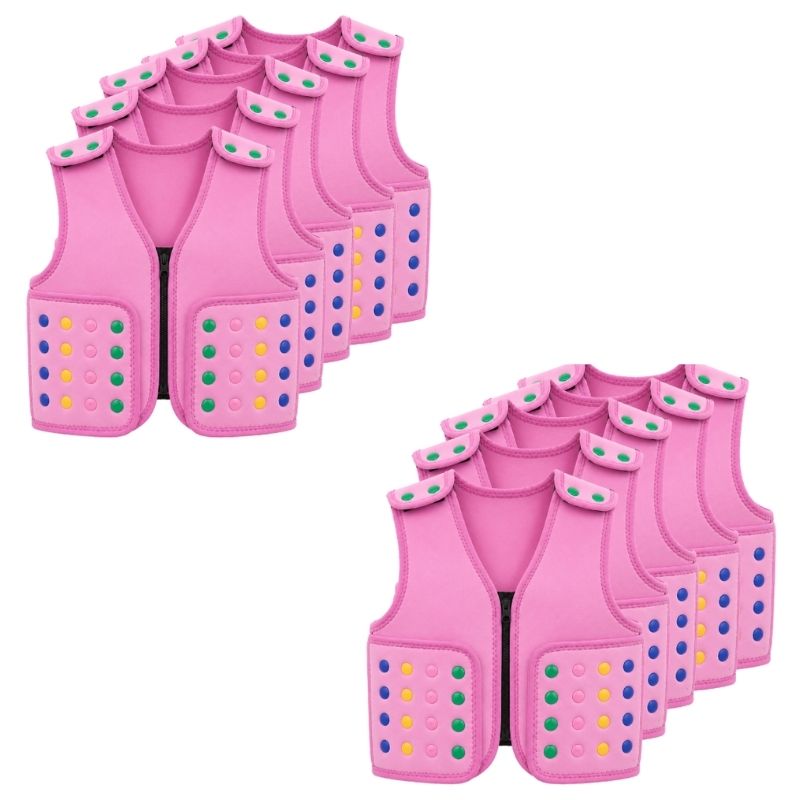 Ten pink Power WearHouse ProPower Compression Vests for kids arranged in two staggered groups of five, each with front zip closure and colourful textured buttons