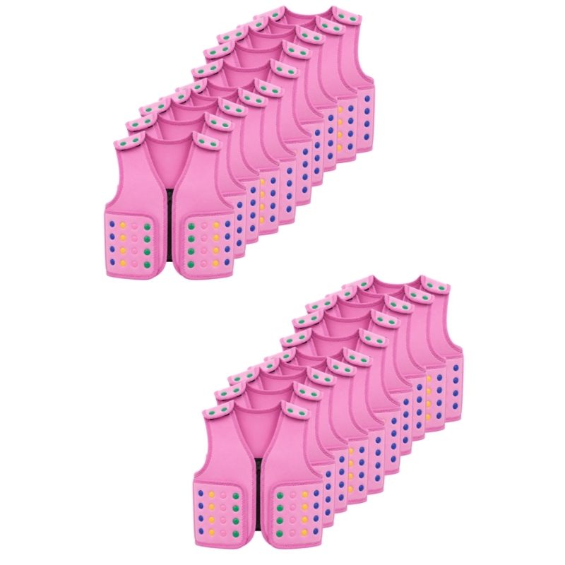 Twenty pink Power WearHouse ProPower Compression Vests for kids arranged in two staggered groups of ten, each with front zip closure and colourful textured buttons