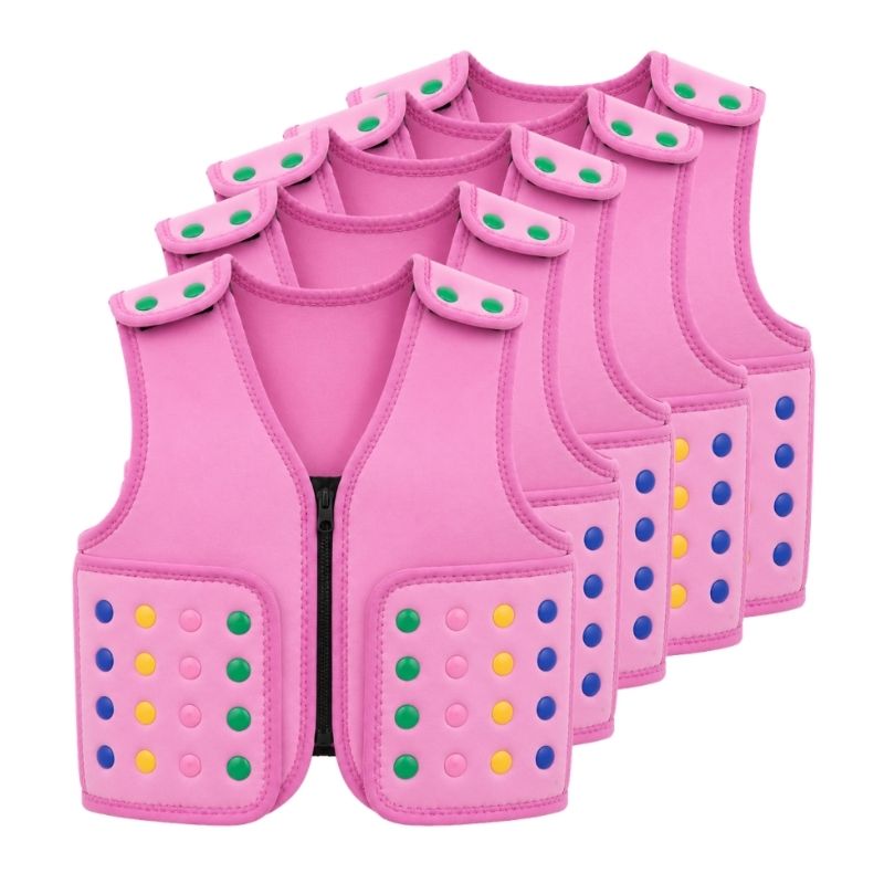 Five pink Power WearHouse ProPower Compression Vests for kids arranged in a staggered bundle, each with front zip closure and colourful textured buttons