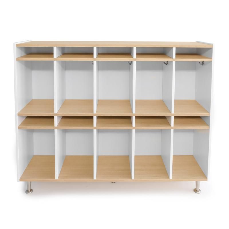 Empty Whitney Brothers elevatED 10 Section Coat Locker showing double hooks, upper cubbies and brushed nickel legs on a two-tone preschool coat locker